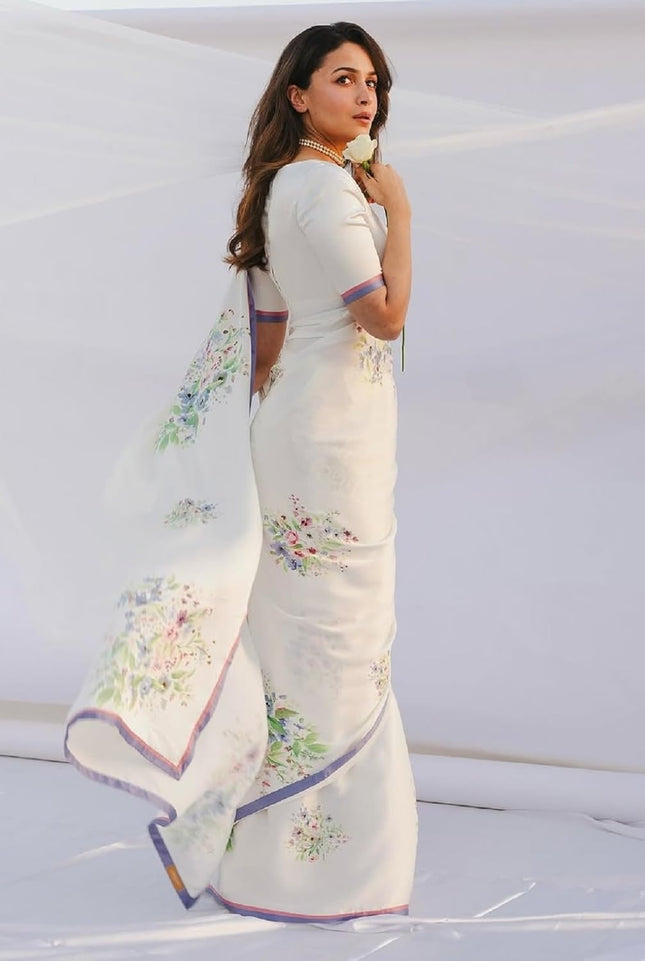 SATAZ Women's Ready to Wear White Floral Satin Silk One Minute Readymade Alia Bhatt Saree With Unstitched Blouse