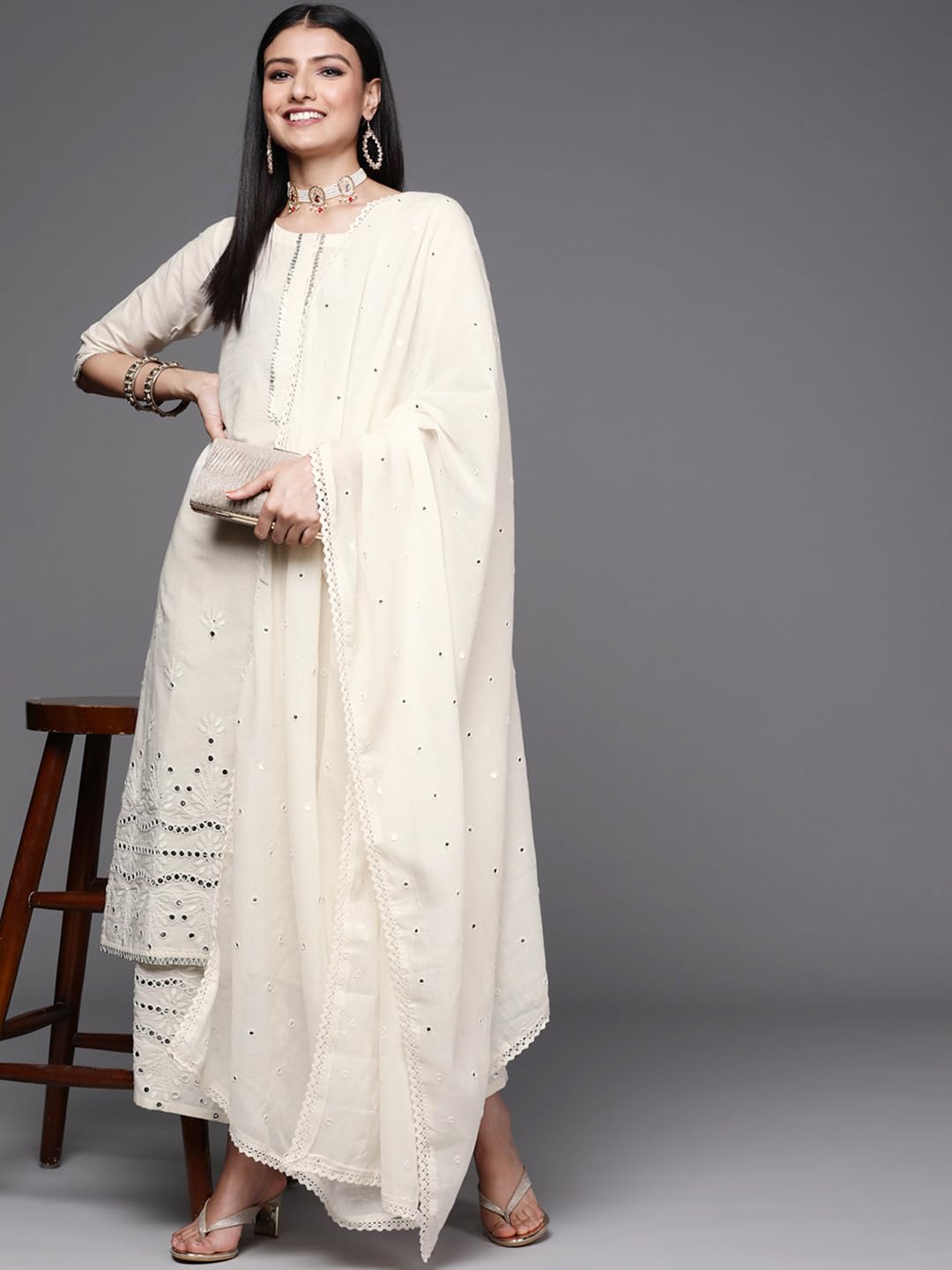 Libas Women Embroidered Cotton Straight Kurta & Palazzo With Dupatta