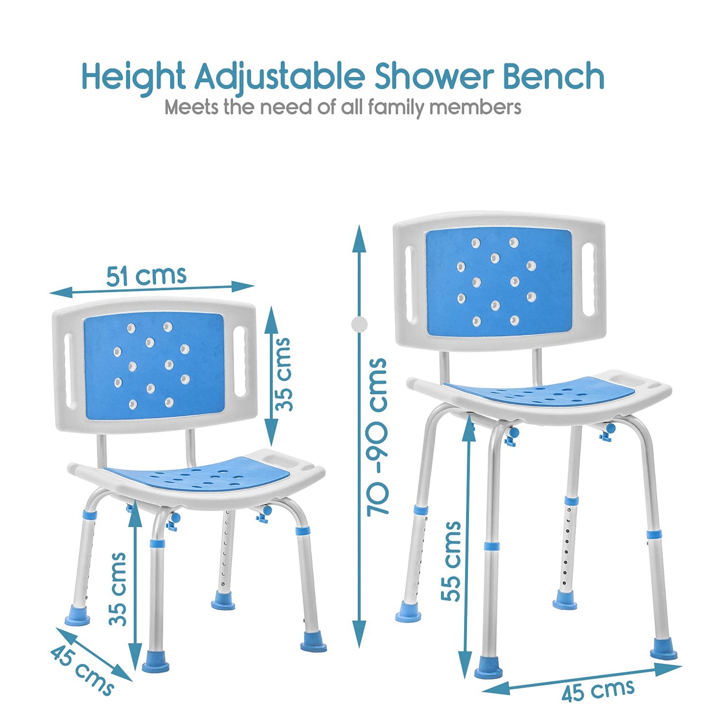 KosmoCare Premium Imported Shower Bench with EVA Mat Height Adjustable, Tool-Free Assembly Shower Chair with Anti-Slip Rubber Tips for Safety of Seniors & Elderly