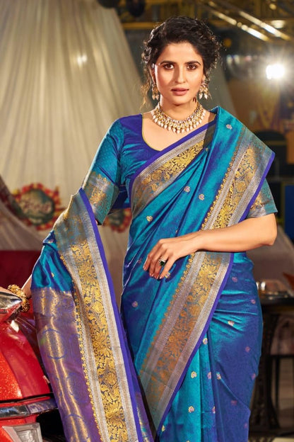 SWORNOF Womens Kanjivaram Silk Saree with Zari Woven Saree With Blouse Piece