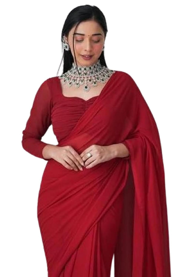 SATAZ Women's Ready to Wear Maroon Georgette 1 Minute Pre Pleated Saree with Unstiched Blouse