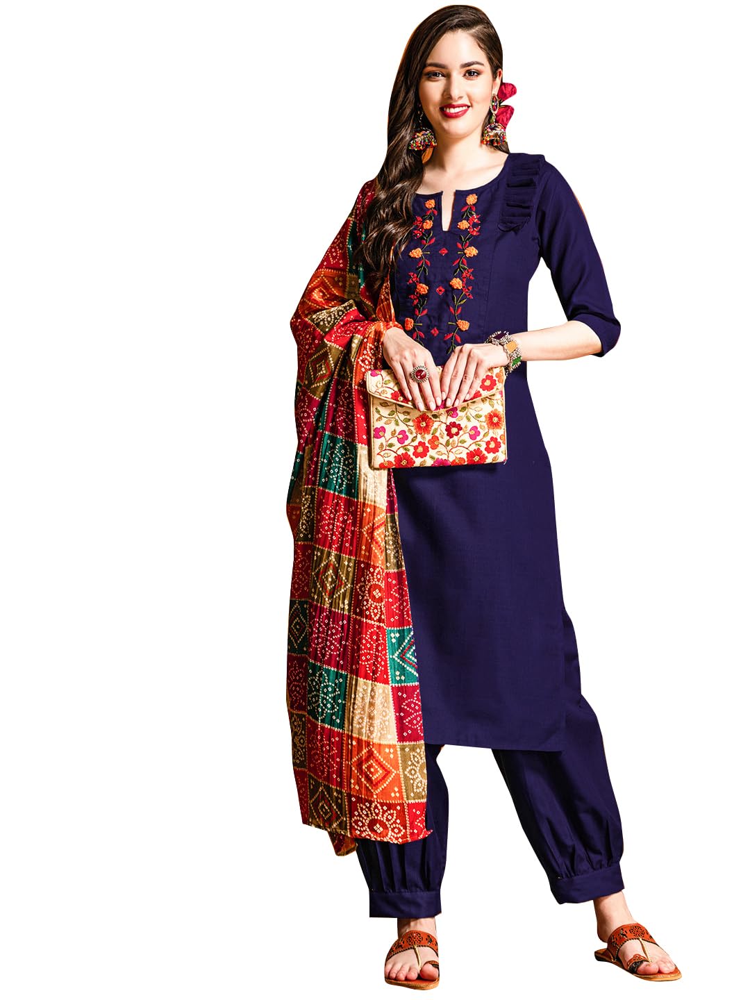 EthnicJunction Women's Embroidered Mirror Work Cotton Straight Salwar Kurta Dupatta Set