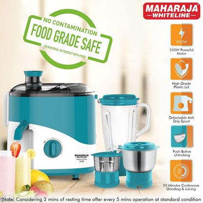 Maharaja Whiteline Plastic Odacio Plus 550 Watts Juicer Mixer Grinder With 3 Versatile Jars | Food Grade Safe | 2 Year Warranty (Black & Silver)