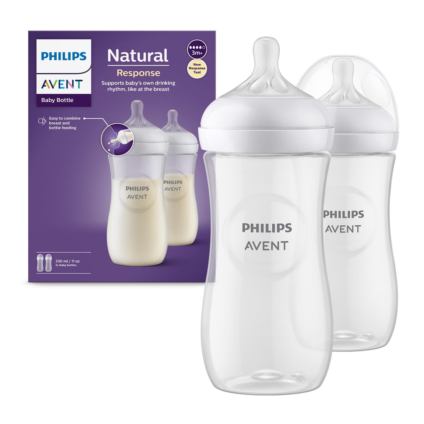 Philips Avent Natural Baby Feeding Bottle | No.1 Brand Recommended by Moms Worldwide | Ideal for 1 months+| Natural Response Technology Mimics Breastfeeding | Uniquely Designed Nipple releases milk only when baby drinks | Pack of 2| SCY903/02