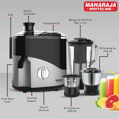 Maharaja Whiteline Plastic Odacio Plus 550 Watts Juicer Mixer Grinder With 3 Versatile Jars | Food Grade Safe | 2 Year Warranty (Black & Silver)