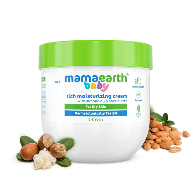 Mamaearth Baby Rich Moisturizing Cream With Almond Oil & Shea Butter For Dry Skin - 200 g | For Face & Body | 24-Hour Moisturization | Nourishes & Softens Skin