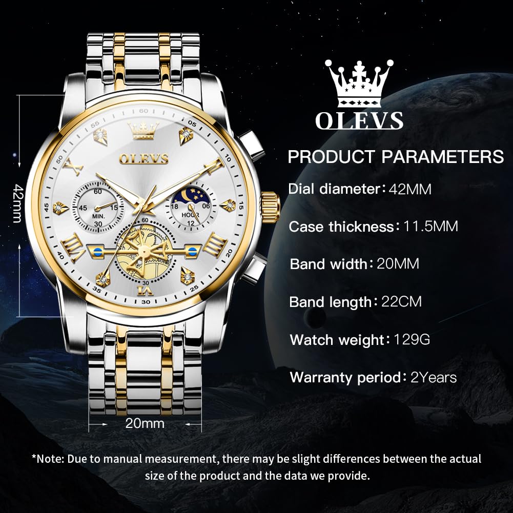 OLEVS Mens Watches Chain Chronograph Business Dress Quartz Stainless Steel Wrist Watch Waterproof Luminous Date