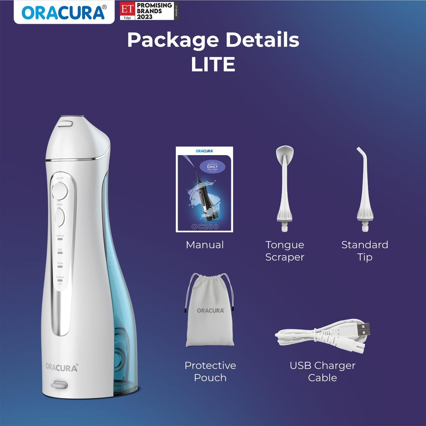 ORACURA® OC200 Dental PRO Smart PLUS Water Flosser® Black, 8 Nozzle Tips, Portable & Rechargeable, Custom 8 Water Pressure Settings, 200ml Tank Capacity, IPX7 Waterproof, 365 Days Warranty