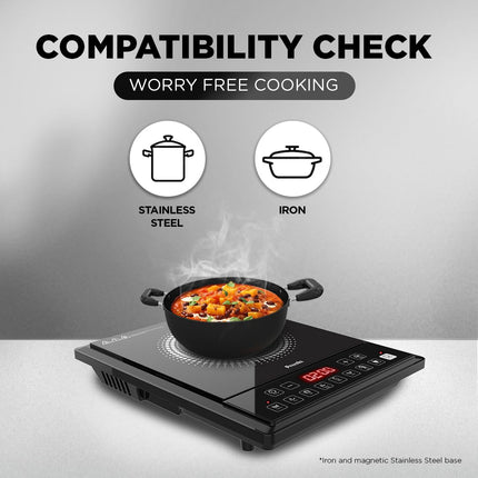 Preethi Indicook IC124 Induction Cooktop, 2100-Watt Electric Stove with Soft Touch Buttons and Crystal Glass (Black)