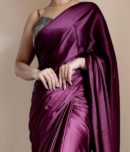 SATAZ Women's Ready to Wear Satin Silk 1 Minute Pre Pleated Heavy Saree with Designer Pearl Tassels Lace (Wine)