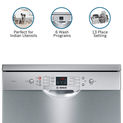 Bosch 13 Place Settings, Free Standing Dishwasher (SMS66GI01I, Silver Inox), extra dry and hygienic wash