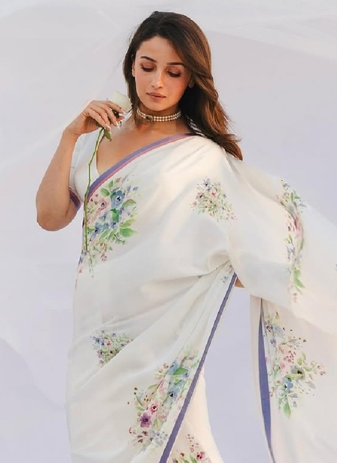 SATAZ Women's Ready to Wear White Floral Satin Silk One Minute Readymade Alia Bhatt Saree With Unstitched Blouse