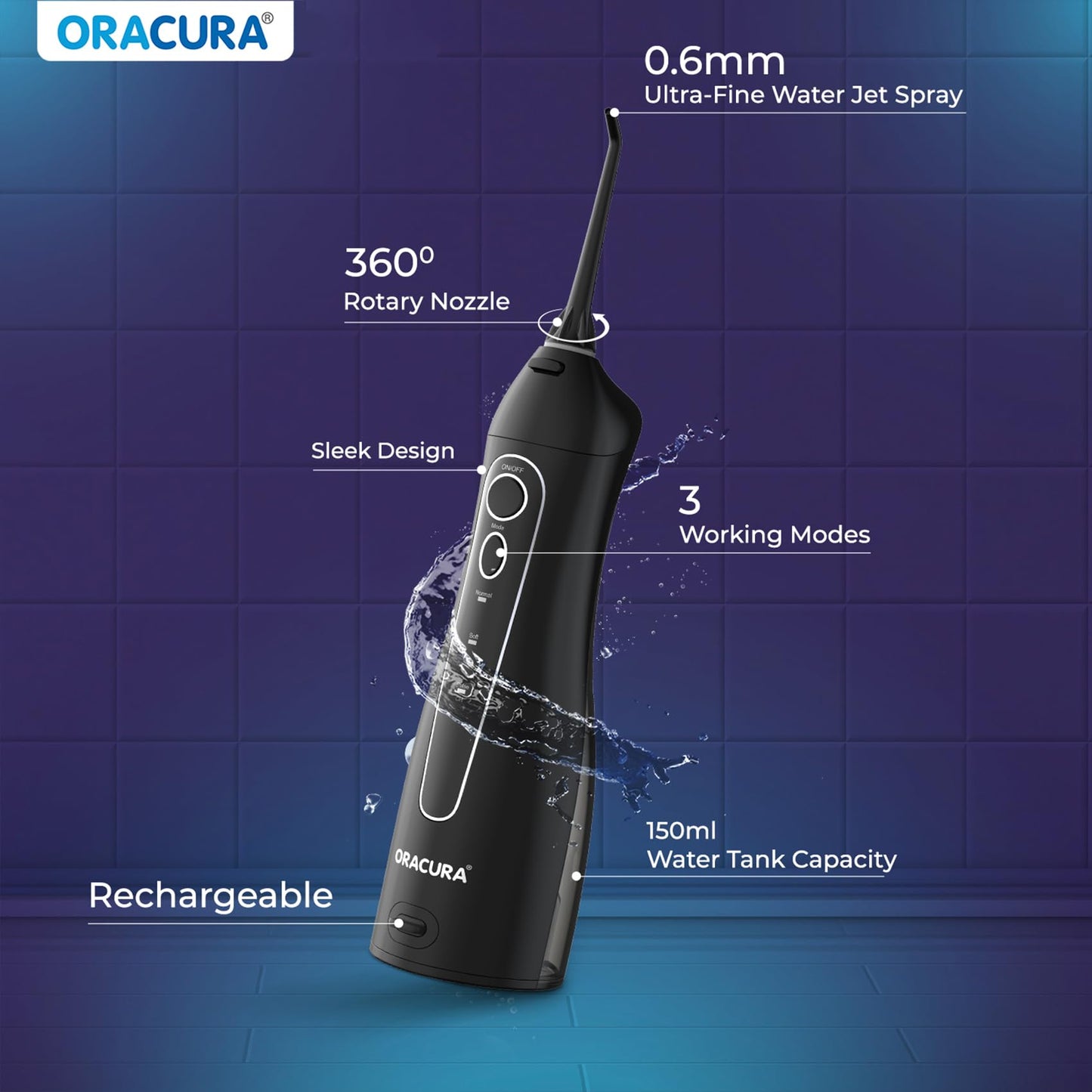 ORACURA OC150 Dental PRO Smart Water Flosser Black, 150ml water tank capacity, Portable & Rechargeable, 3 Modes, 365 Days Warranty