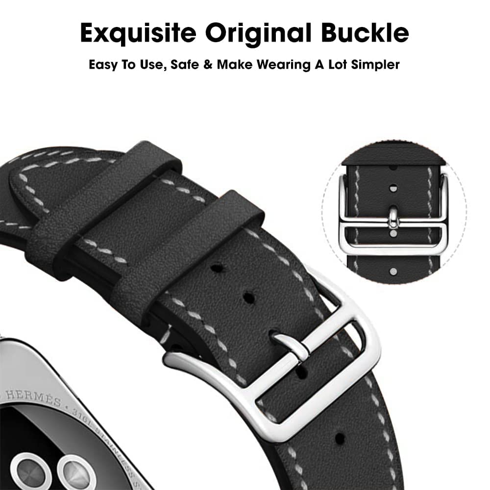 Sounce Compatible for Watch Band 38mm 40mm 41mm Adjustable Genuine PU Leather Wristband Loop for Watch Series 7/6 / 5/4 / 3/2 / SE Bands Men Women Black (Watch is not Included)