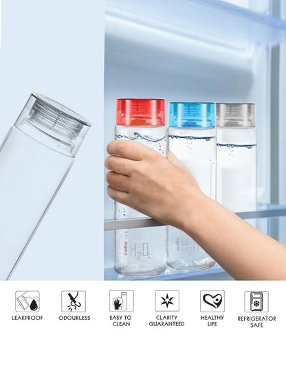 Cello H2O Glass Fridge Water Bottle with Plastic Cap | Leak Proof & Break-Proof | Wide Mouth & Easy to Clean | Best Usage for Office/School/College | 920ml | Red