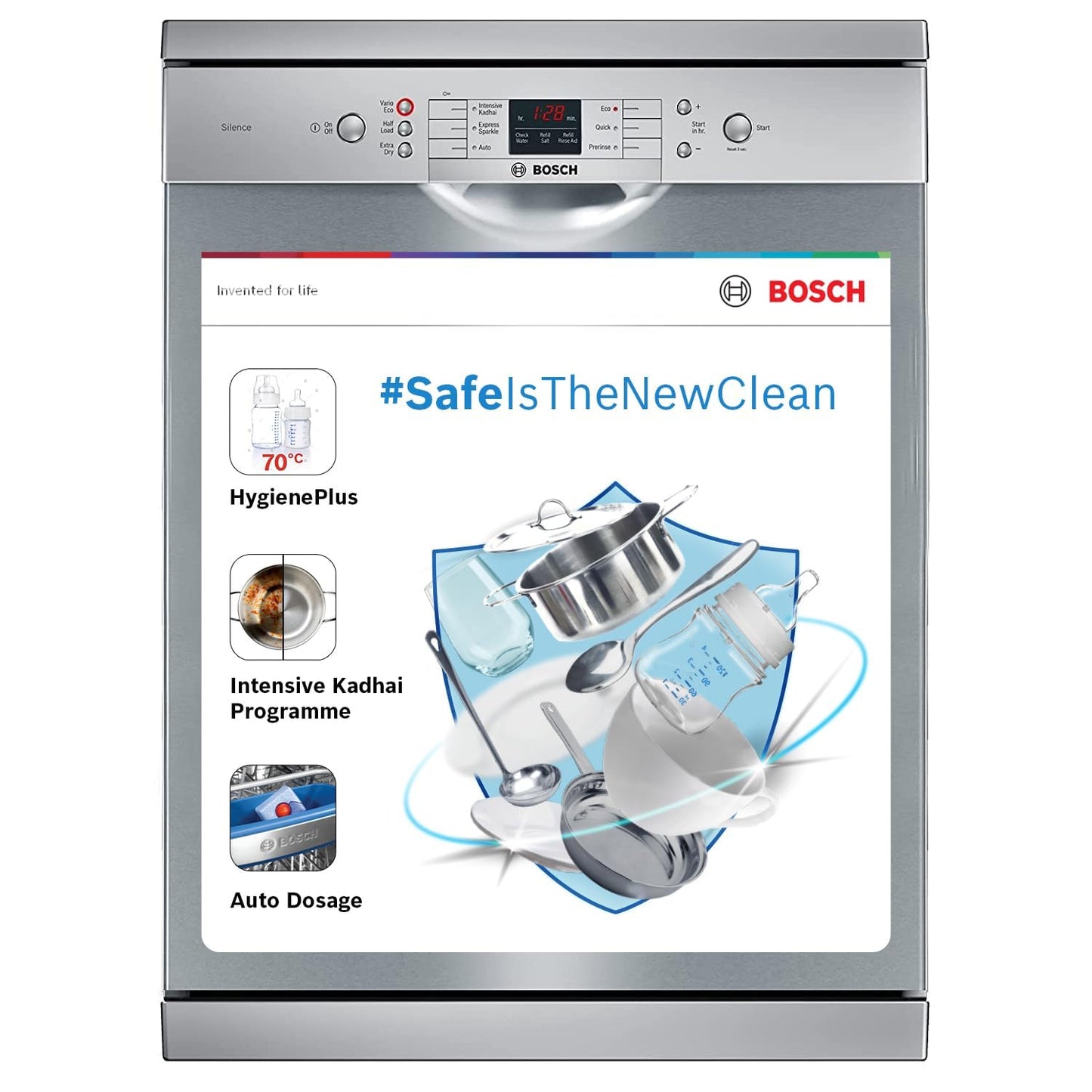 Bosch 13 Place Settings, Free Standing Dishwasher (SMS66GI01I, Silver Inox), extra dry and hygienic wash