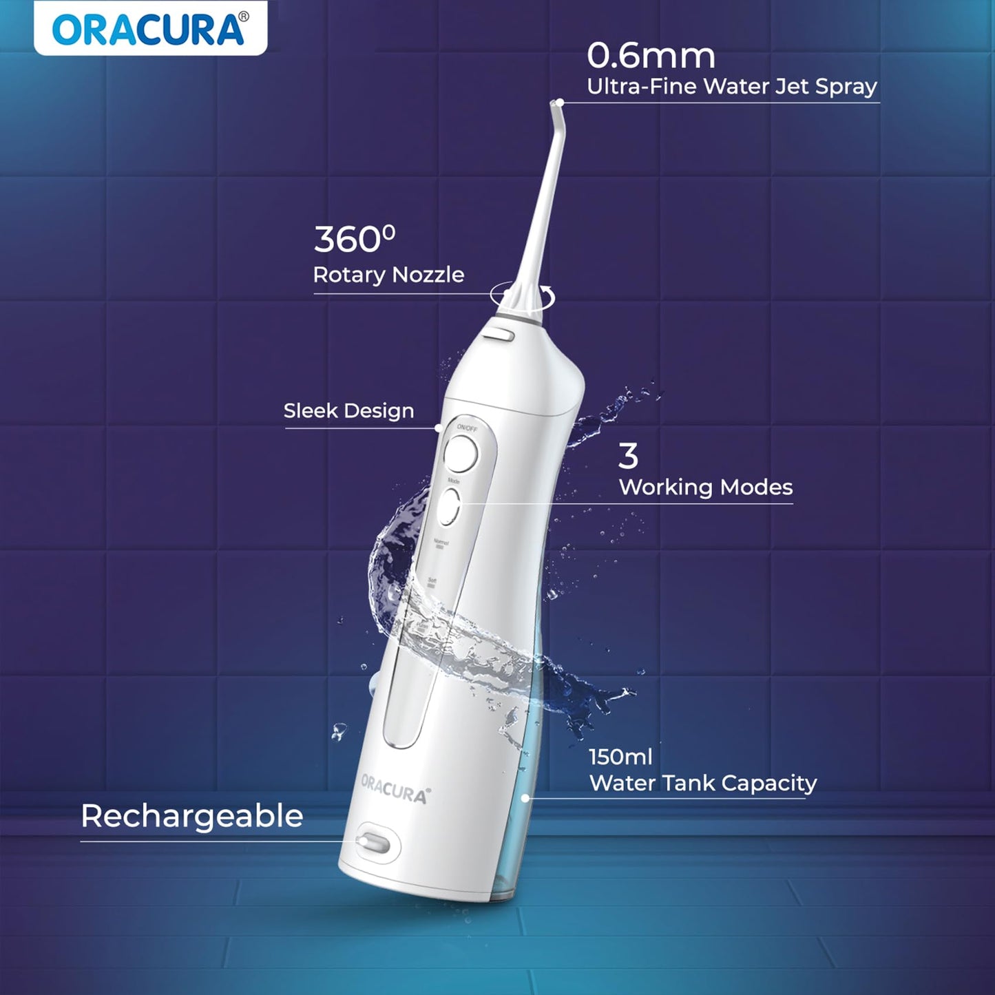 ORACURA OC150 Dental PRO Smart Water Flosser Black, 150ml water tank capacity, Portable & Rechargeable, 3 Modes, 365 Days Warranty