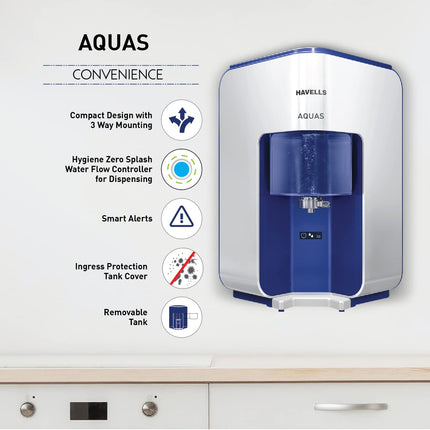 Havells AQUAS Water Purifier (White and Blue), RO+UF, Copper+Zinc+Minerals, 5 stage Purification, 7L Tank, Suitable for Borwell, Tanker & Municipal Water 