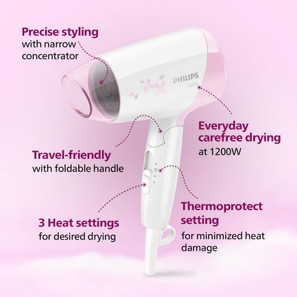 Philips Hair Dryer | Quick Gentle Drying with Thermoprotect Care | 1200 Watts | 3 Heat and Speed Settings with Cool Shots | HP8120/00, Pink 