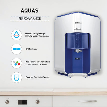 Havells AQUAS Water Purifier (White and Blue), RO+UF, Copper+Zinc+Minerals, 5 stage Purification, 7L Tank, Suitable for Borwell, Tanker & Municipal Water 