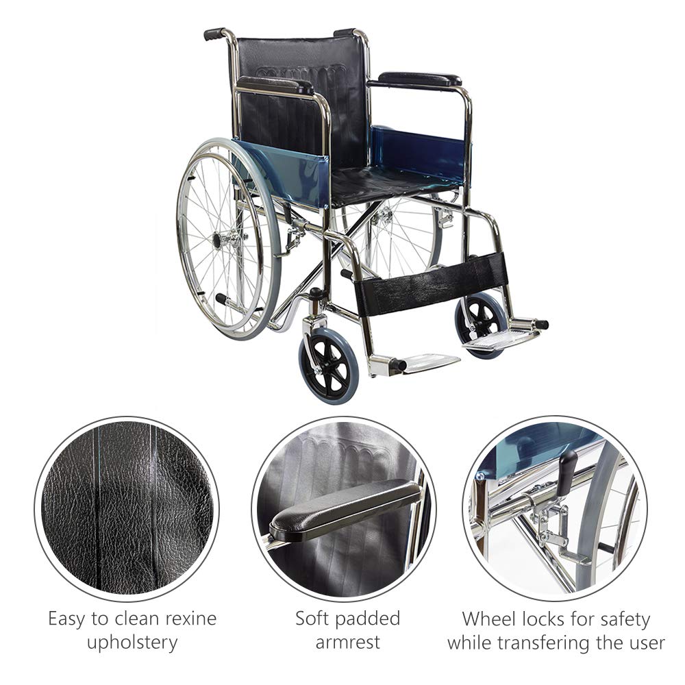 KosmoCare Dura Rexine Wheelchair | Self-Propelled & Attendant Use | Hammered Finish MS Frame | 24" Mag Wheels | Removable Footrests | Foldable Design | Comfortable Rexine Seat | Supports Up to 100 kg