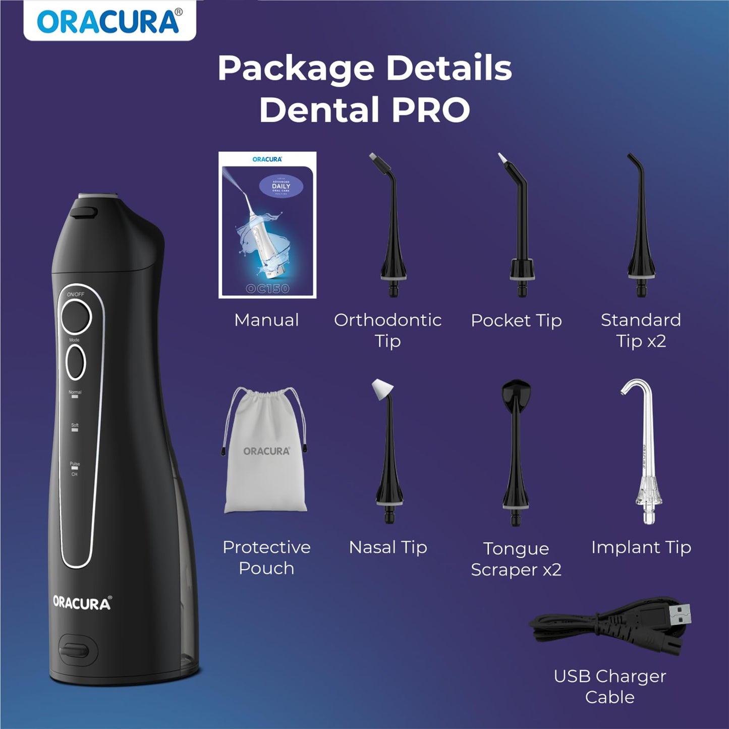 ORACURA OC150 Dental PRO Smart Water Flosser Black, 150ml water tank capacity, Portable & Rechargeable, 3 Modes, 365 Days Warranty