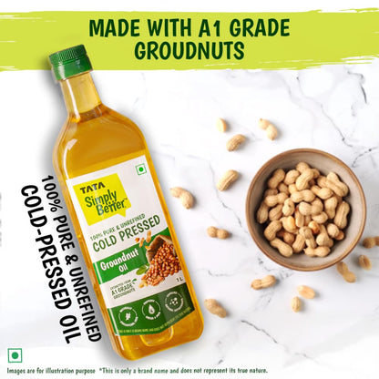 Tata Simply Better Pure & Unrefined Cold Pressed Groundnut (Peanut) Oil,Kolhu/Kacchi Ghani/Mara Chekku/Ganuga,Naturally Cholesterol Free,1L,Groundnut Oil Rich Aroma & Flavour Of Real Groundnuts