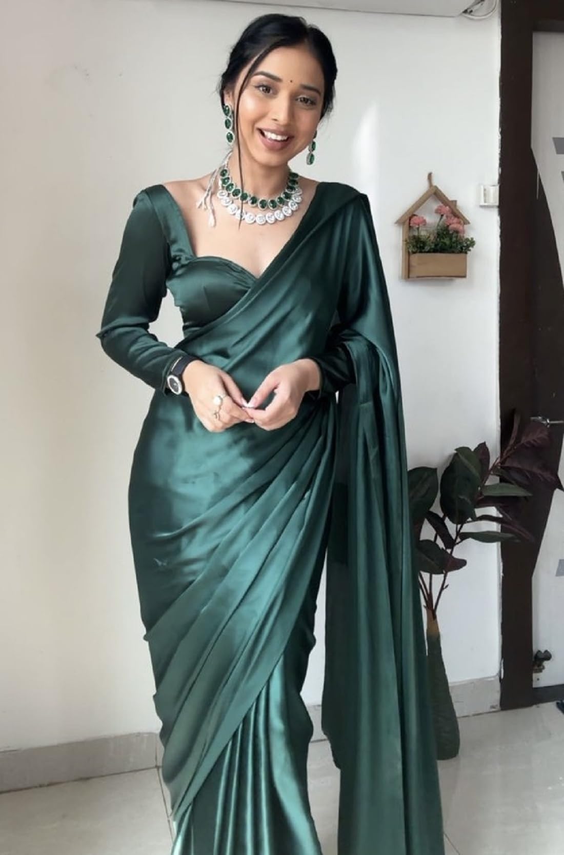 SATAZ Women's Ready to Wear Castleton Green Plain Satin Silk 1 Minute Pre Pleated Saree with Unstiched Blouse