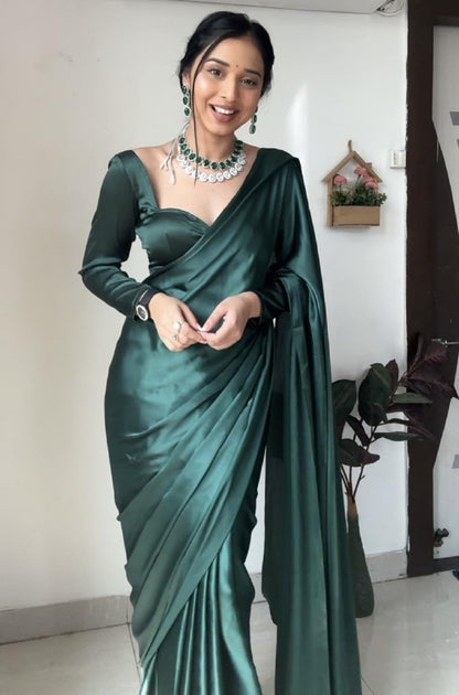 SATAZ Women's Ready to Wear Castleton Green Plain Satin Silk 1 Minute Pre Pleated Saree with Unstiched Blouse