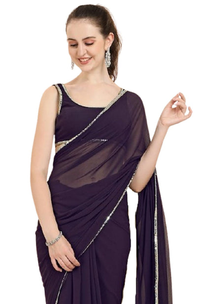 SATAZ Women's Ready to Wear Wine Georgette 1 Minute Pre Pleated Mirror Saree with Unstiched Blouse