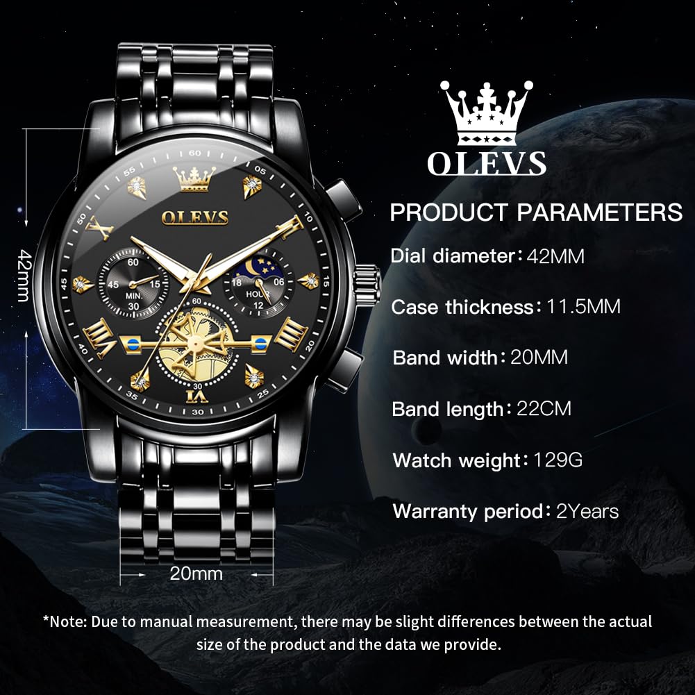 OLEVS Mens Watches Chain Chronograph Business Dress Quartz Stainless Steel Wrist Watch Waterproof Luminous Date