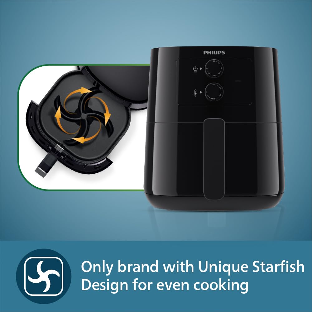 PHILIPS Air Fryer HD9200/90, uses up to 90% less fat, 1400W, 4.1 Liter, with Rapid Air Technology (Black), Large