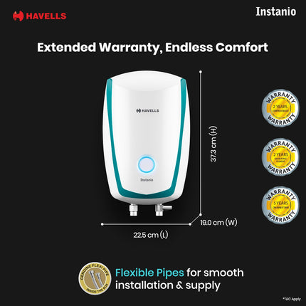 Havells Instanio 3L Instant Water Heater(Geyser)| Temp. Sensing LED Indicator| Rust & Shock Proof Body| ISI Marked|With Flexible Pipes|Warranty: 5 year on Inner Tank| High Rise Compatible (White Blue) 