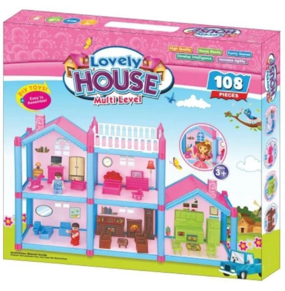 Doll House for Kids Girls | 108 Pcs Pretend Role Play Family Home Toy Set | Doll House Play Set with Double Sided House, Furniture & Accessories Multicolor