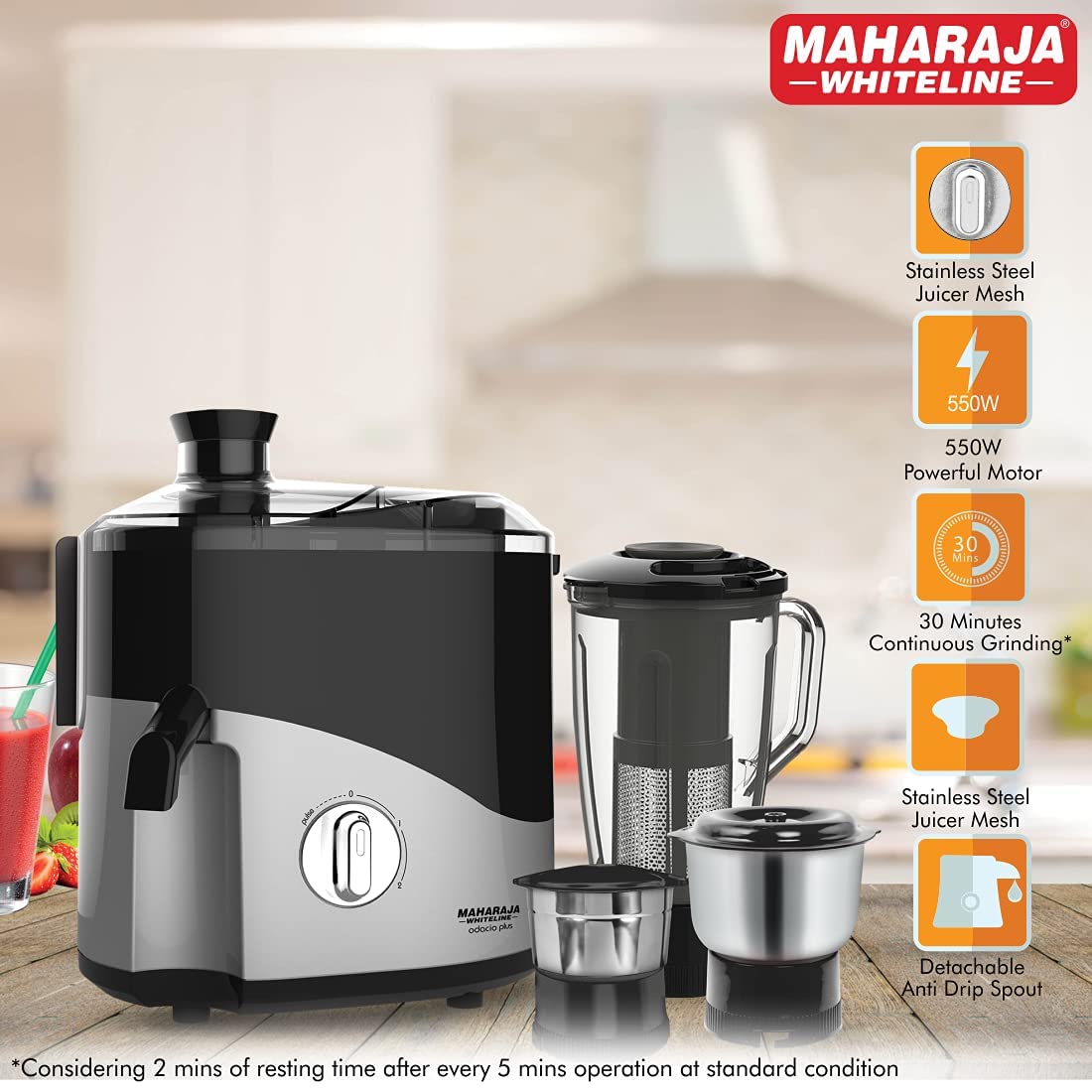 Maharaja Whiteline Plastic Odacio Plus 550 Watts Juicer Mixer Grinder With 3 Versatile Jars | Food Grade Safe | 2 Year Warranty (Black & Silver)