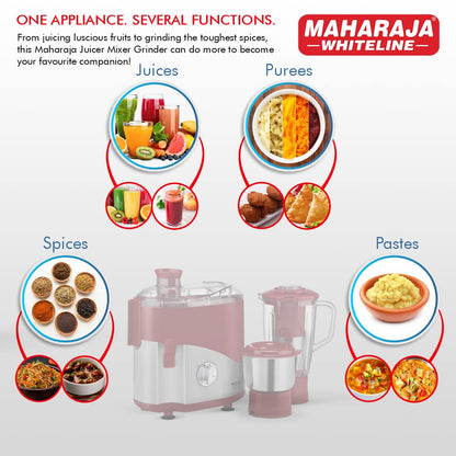 Maharaja Whiteline Plastic Odacio Plus 550 Watts Juicer Mixer Grinder With 3 Versatile Jars | Food Grade Safe | 2 Year Warranty (Black & Silver)