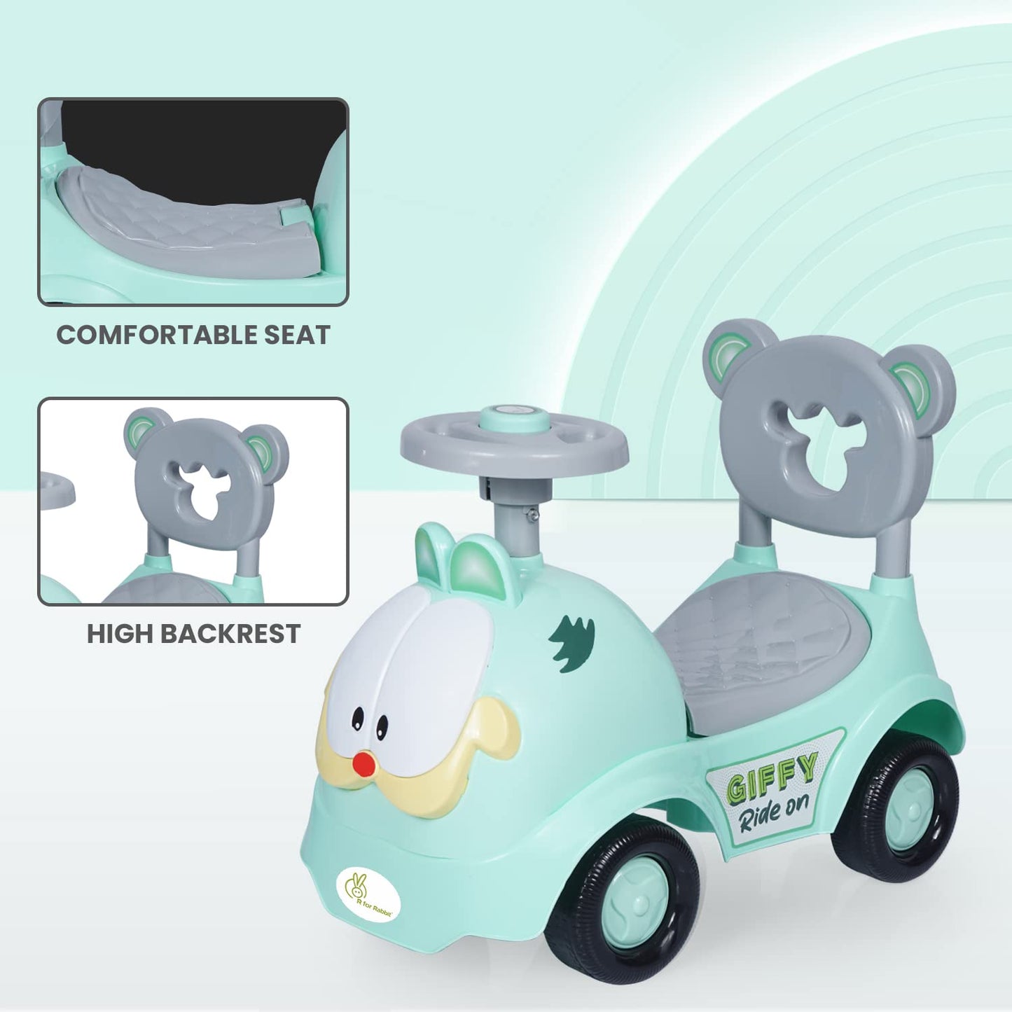 R for Rabbit Giffy Baby Push Ride on Car for Kid Baby Car Rider with Musical Ride, Backrest and Under Seat Storage for Toys Boys and Girls of Age 1-3 Years, Weight Capacity Up to 20kgs (Green)