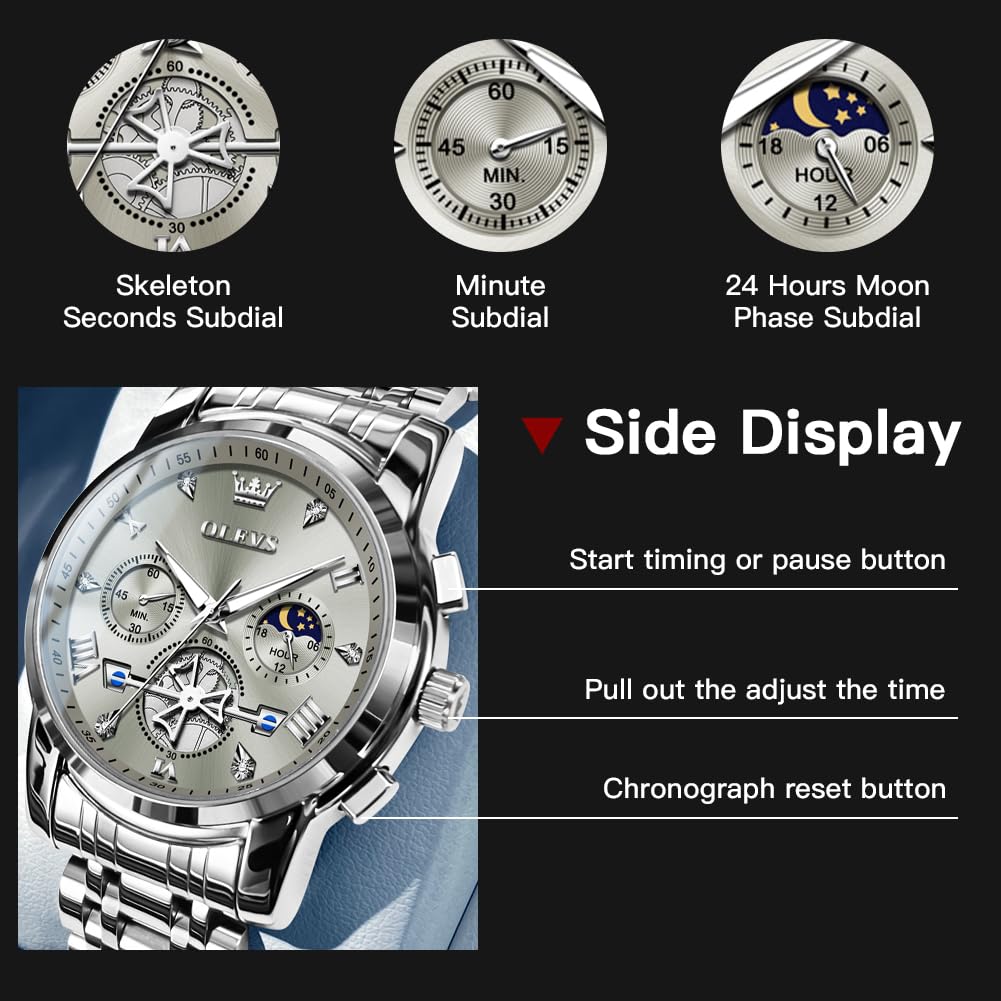 OLEVS Mens Watches Chain Chronograph Business Dress Quartz Stainless Steel Wrist Watch Waterproof Luminous Date