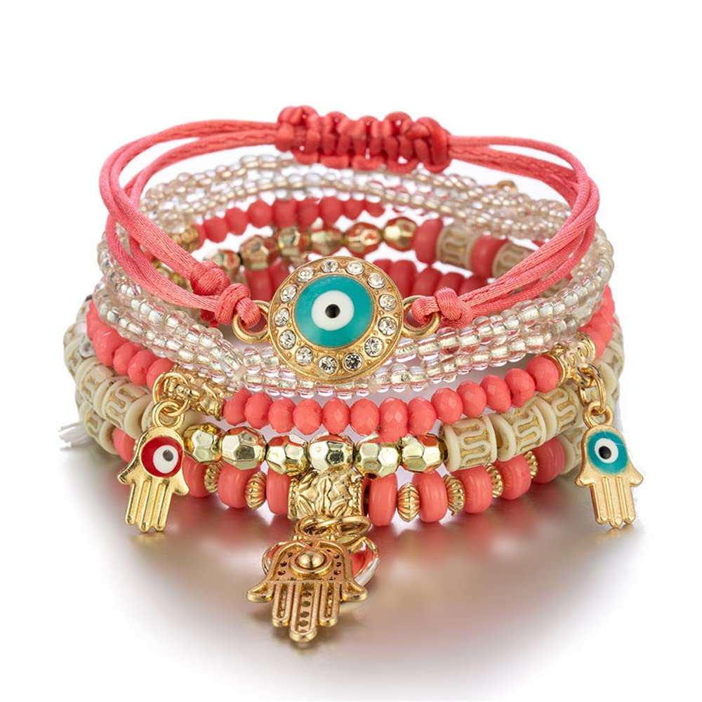 Shining Diva Fashion Bohemian Stackable Multilayer Hamsa Hand Evil Eye Lucky Protection Bracelets Multicolor Crystal Charm Beaded Bracelet for Women Girls