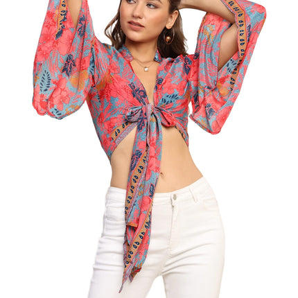 KE Kanha exportsWomen’s and Girls/Ladies Wrap Around Tops Beach wear Tunic Top V Neck Silk Casual Sleeve Printed Top Relaxed Fit Free Size