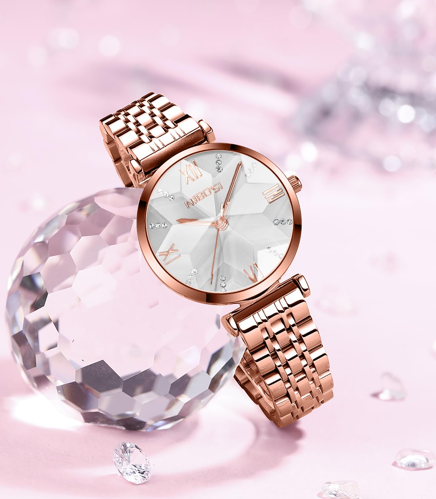 NIBOSI Women Stainless Steel Watches Analog Rose Gold Band and Square Dial Women's Watch for Girls&Miss&Ladies Diamond Studded with Stylish Watches Waterproof