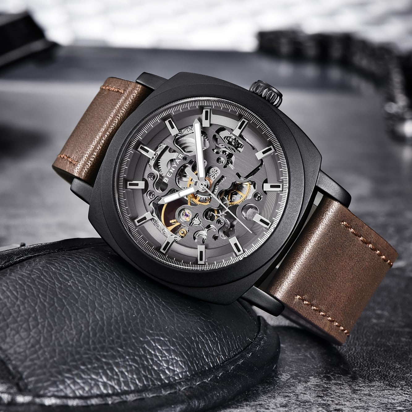 BENYAR Automatic Mechanical Skeleton Leather Strap Men's Watch