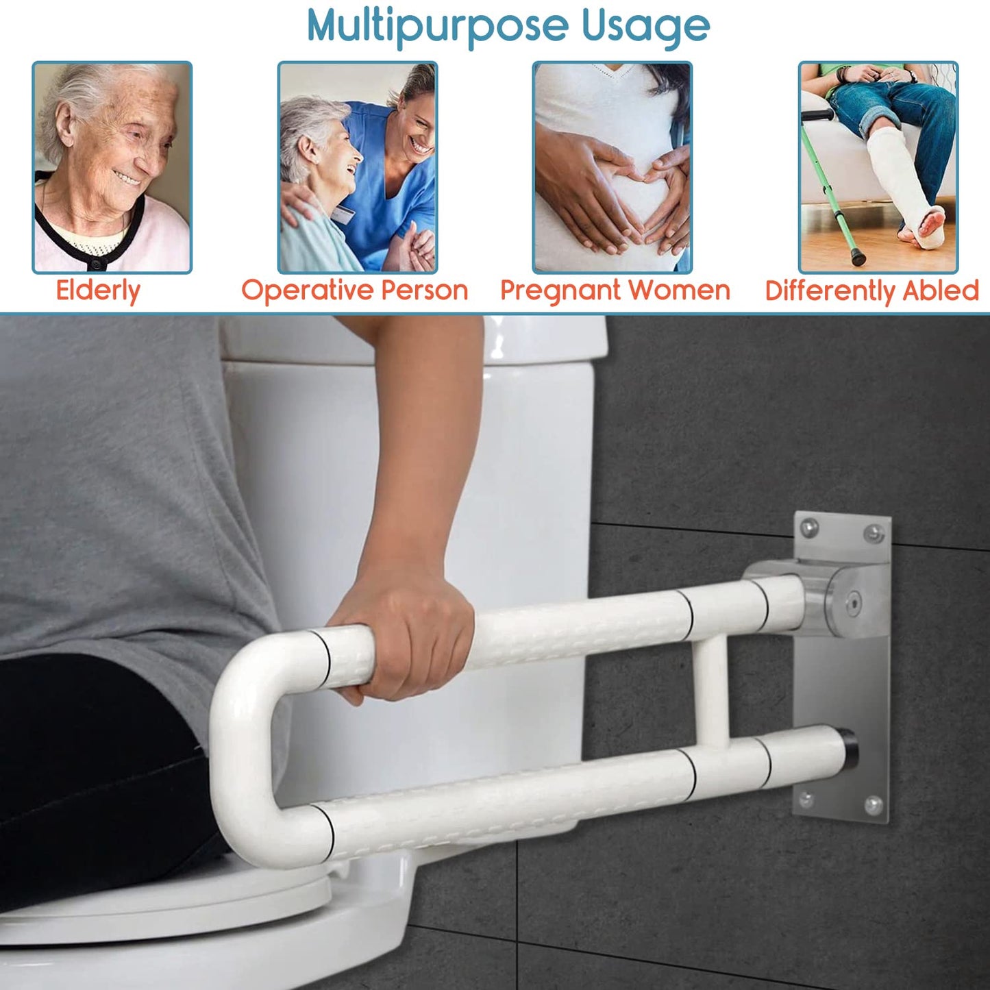 KosmoCare Stainless Steel Standing Grab Bar with Anti-Slip Nylon Grip & Floor Support, Wall Mounted Fixed Grab Bar for Bathroom | Grab Bars for Toilet Senior Citizens | Toilet Grab bar for Elderly