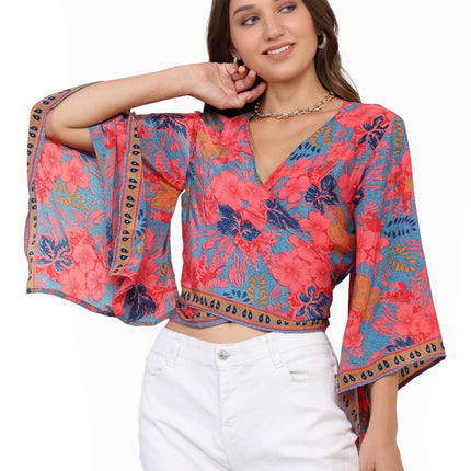 KE Kanha exportsWomen’s and Girls/Ladies Wrap Around Tops Beach wear Tunic Top V Neck Silk Casual Sleeve Printed Top Relaxed Fit Free Size