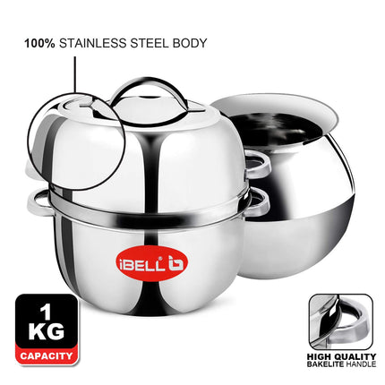 iBELL 1 kilogram Premium Stainless Steel Steam Pot, Thermal Rice Cooker, Induction Based Pot with Rubber Gasket 