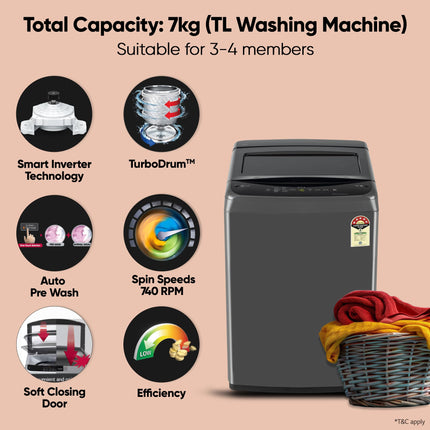 LG 7 Kg 5 Star Smart Inverter Technology Fully Automatic Top Load Washing Machine (2025 Model, T70VBMB1Z, Auto Prewash, Turbodrum, Stainless Steel drum, LED Display, Smart Diagnosis Middle Black) 