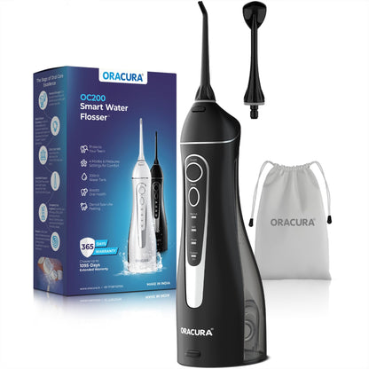 ORACURA® OC200 Dental PRO Smart PLUS Water Flosser® Black, 8 Nozzle Tips, Portable & Rechargeable, Custom 8 Water Pressure Settings, 200ml Tank Capacity, IPX7 Waterproof, 365 Days Warranty