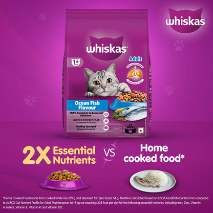 Whiskas Adult (1+ Years) Dry Cat Food, Ocean Fish Flavour, 480 g, Contains 41 Essential Nutrients, Complete & Balanced Nutrition for Adult Cats