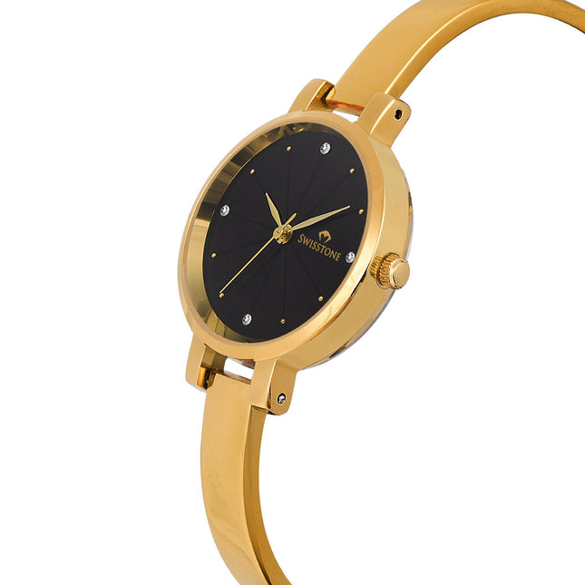 SWISSTONE Analog Stainless Steel Gold Plated Women's Watch (Black Dial Gold Colored Strap)