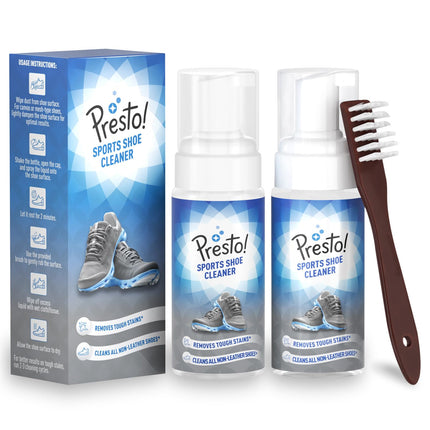 Amazon Brand - Presto! Sports Shoe Cleaner With Brush | 300 ml | 150 ml x 2 Packs | Cleans All Non-Leather Shoes | Sneakers, Rubber Shoe, Canvas Shoe Cleaner | Foam Spray | Removes Tough Stains